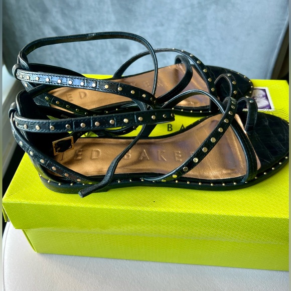 Ted Baker black leather gold studded gladiator sandal. - Picture 3 of 5